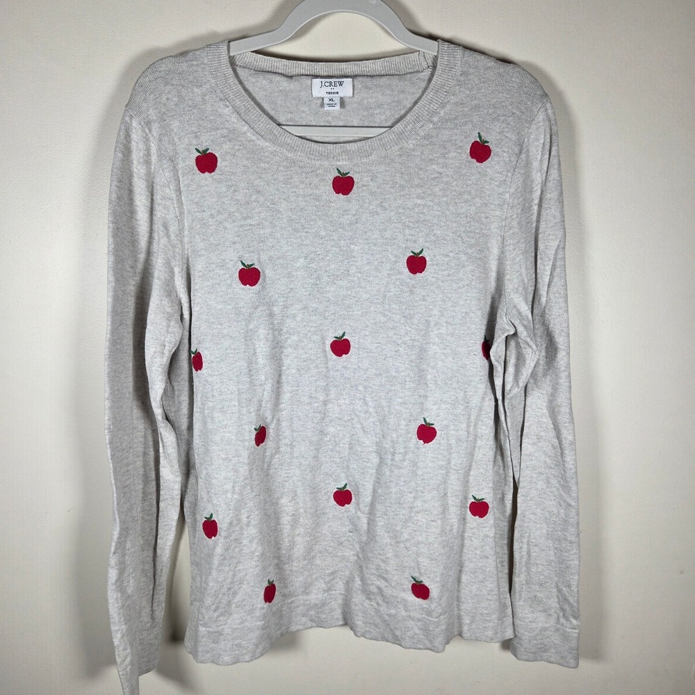 J.Crew Teddie Sweater Womens XL Gray Apple Embroidered Knit Preppy Novelty Print